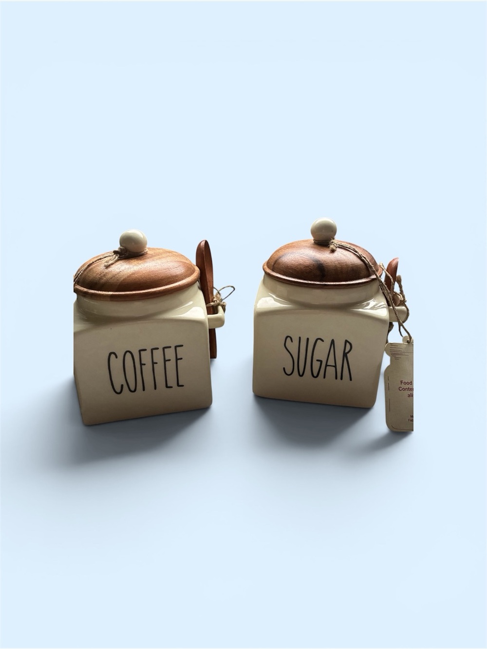 Ceramic Coffee & Sugar Canister Set with Wooden Lids - Cream